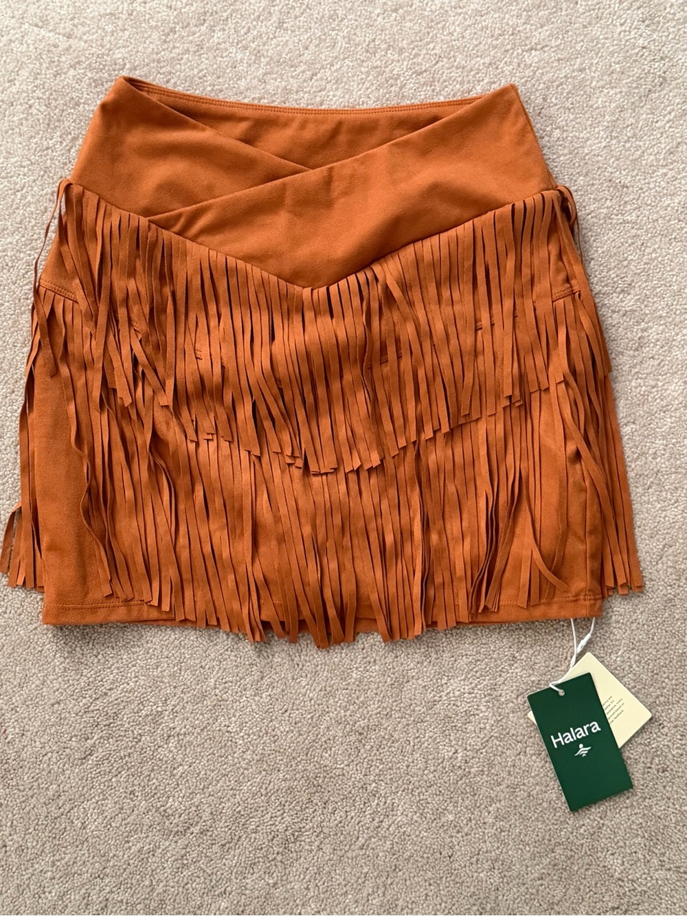 HALARA Rust Orange Fringe Suede-Look Mini Skirt